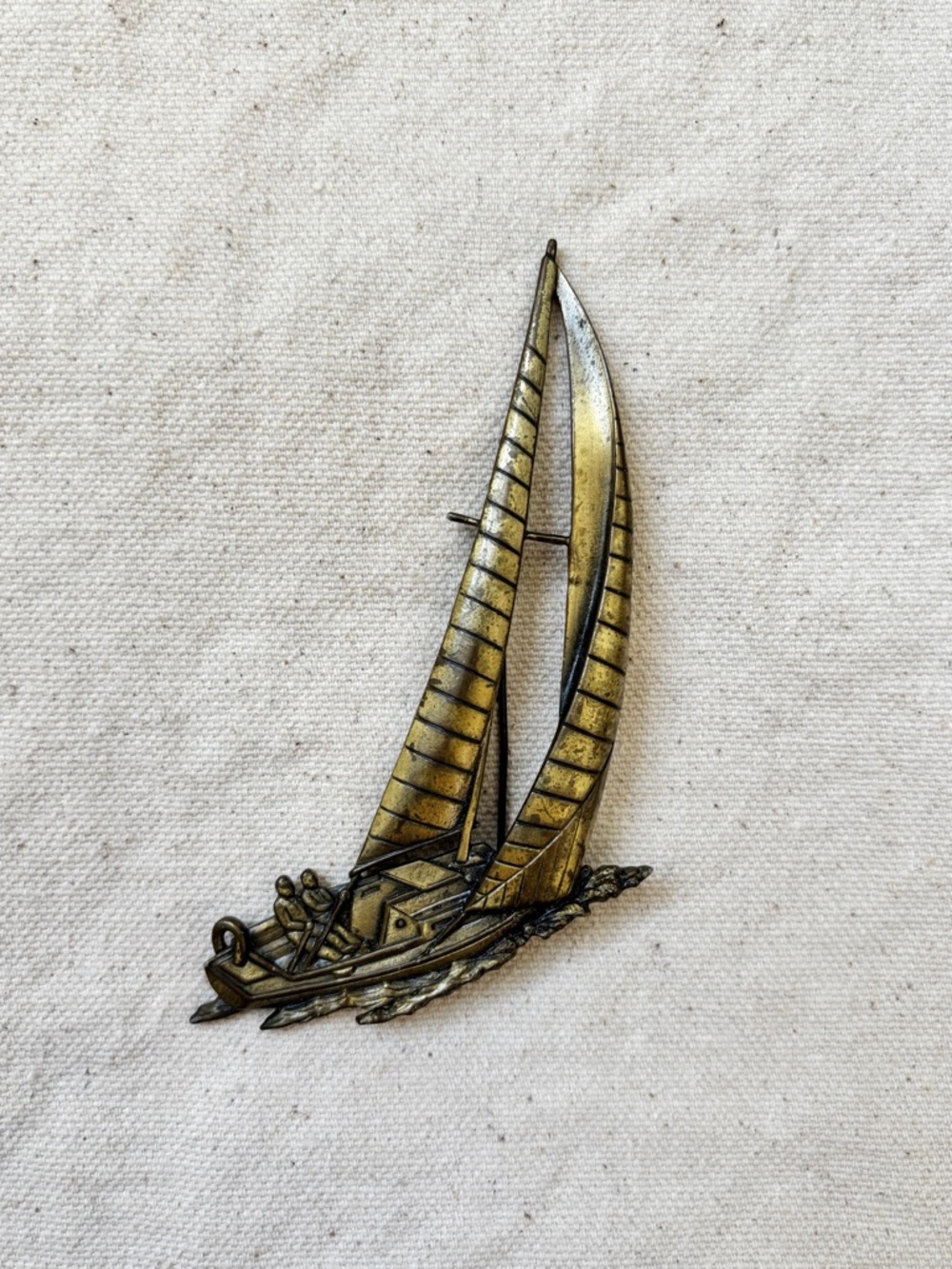 Vintage large Sailboat Brooch Pin in Antique Gold brass Tone signed